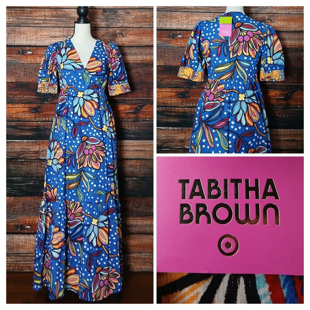 NWT Tabitha Brown Maxi Dress Size 0 Puff Sleeve Blue Floral 100% Cotton Pockets